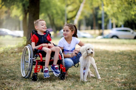 Boy with special needs in a wheelchair spends time in the park with an able-bodied young girl and a dog